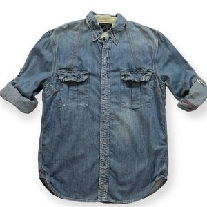 DENHAM Button Down Chambray Denim Western Shirt Roll Tab Sleeve Distressed Large